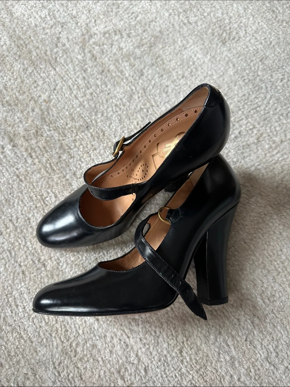 Yves Saint Laurent Black Leather Mary Jane Pumps with Gold Buckle
